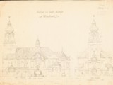 rysunek elewacji frontowej i boku kościoła w wersji zbliżonej do obecnej prezbiterialnej (jedna z wersji) 